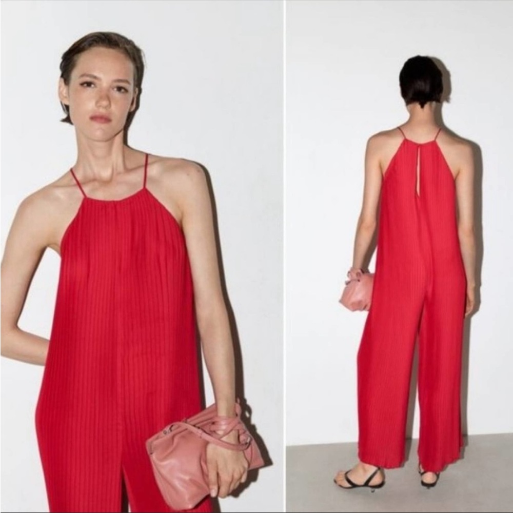 Zara Halter Wide-Leg Pleated Red Sleeveless Jumpsuit .gorgeous and comfortable .